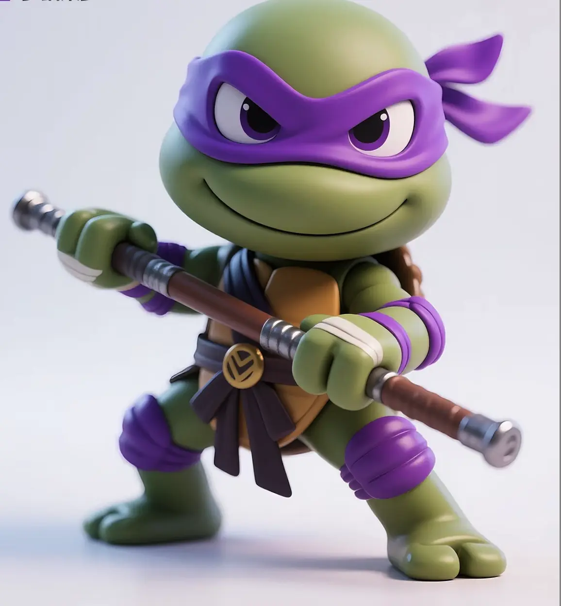 A 3D model of a cute, stylized cartoon turtle character, resembling Donatello from Teenage Mutant Ninja Turtles. He has green skin, a purple eye mask, and is holding a brown bo staff. The style is playful and simplified. - Free VRChat Image-to-Avatar Avatar