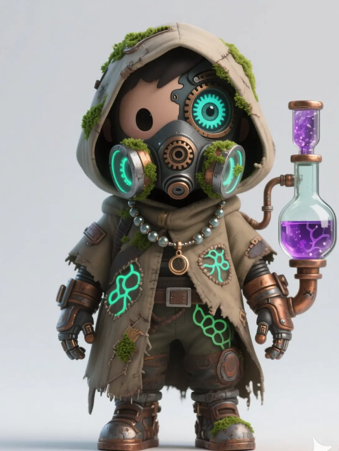 A 3D model of a mysterious, stylized character wearing a gas mask and a hooded, tattered cloak. The character has moss and organic growths on their clothing and gear, and is holding an hourglass with glowing purple liquid. The aesthetic is post-apocalyptic and somewhat steampunk. - Free VRChat Image-to-Avatar Avatar