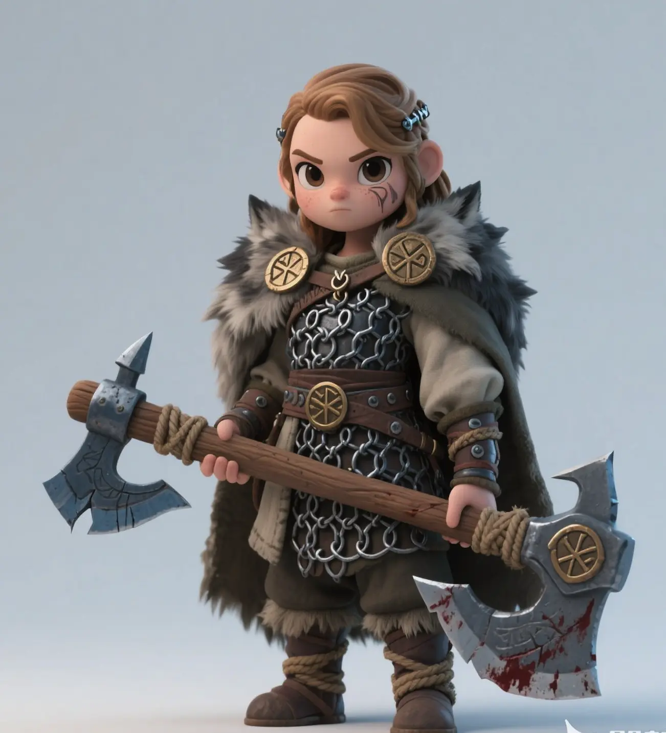 A 3D model of a stylized female dwarf or Viking warrior. She has braided brown hair, is wearing chainmail armor, fur, and leather straps. She is holding two large, stylized battle axes with some blood splatter on one of them. The character has a determined expression and a fantasy art style. - Free VRChat Image-to-Avatar Avatar